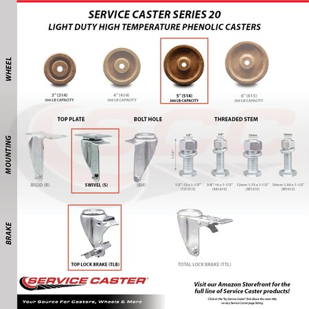 Service Caster 5 Inch High Temp Phenolic Wheel Swivel Top Plate Caster Set with Brake SCC SCC-20S514-PHSHT-TLB-4